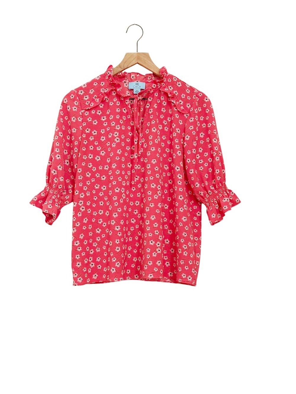 CeCe Coral Floral Ruffle Neck Blouse Tie Front Elbow Sleeve Blouse - Picture 2 of 9